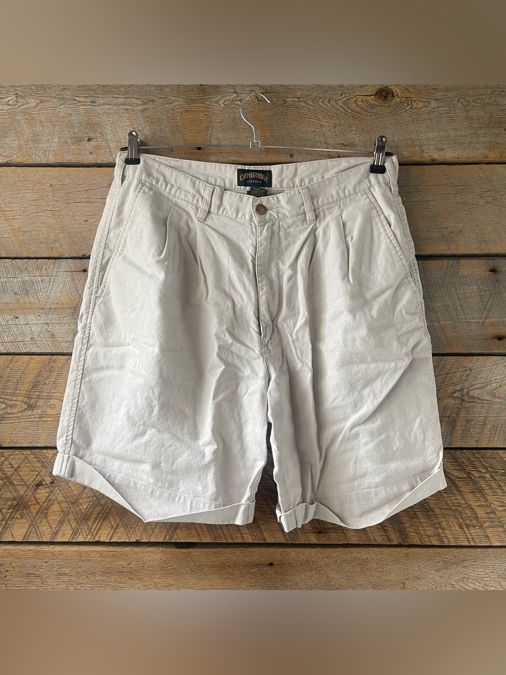 VTG 90s Mens Sz 34 Linen Cotton Blend Khaki Pleated Shorts Cambridge Classics